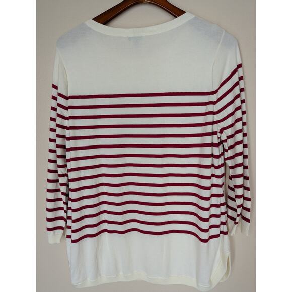 Talbots Lightweight Sweater Ivory with Red Stripes Mini Bows 3/4 Sleeves Size XL - Picture 7 of 11